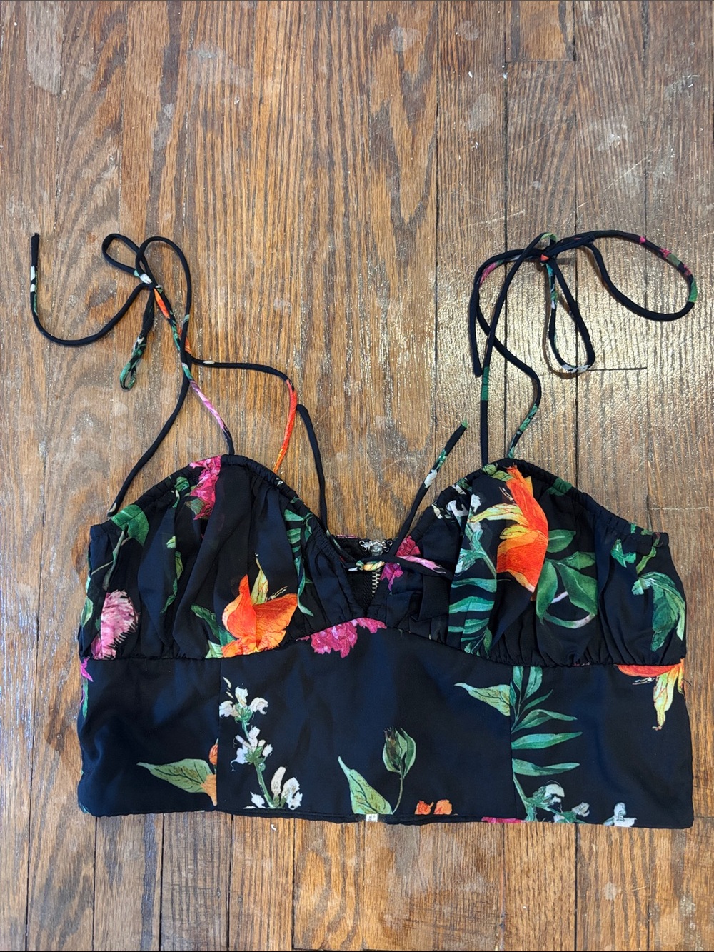 Floral Black Crop Bustier Top with Tie Straps